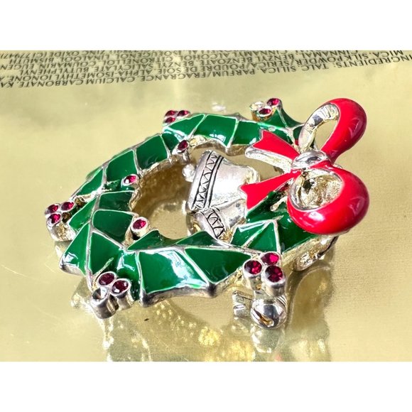 Vintage 90's Christmas Wreath Pendant Pin Jingle Bells Crystal Accents O… - Picture 5 of 12